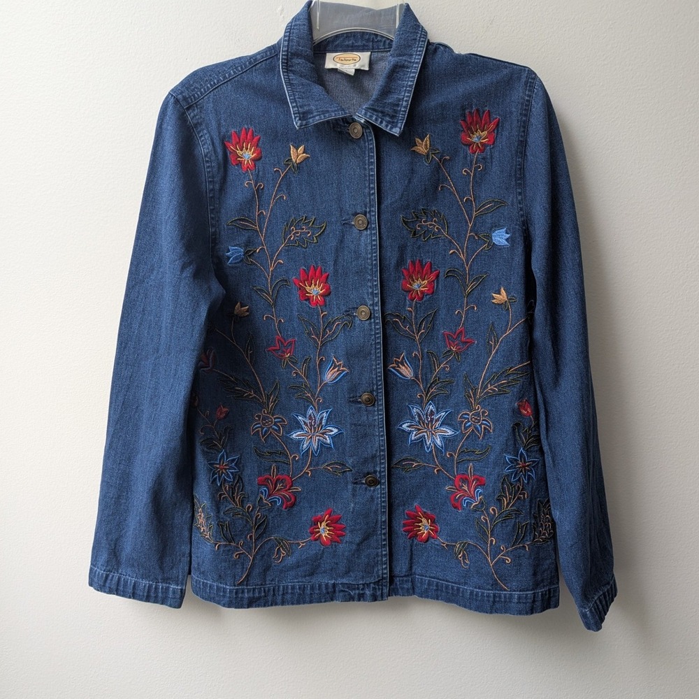 Vtg Talbots Denim Shirt Blue Floral Embroidered Button Up Sz S Cottagecore Boho